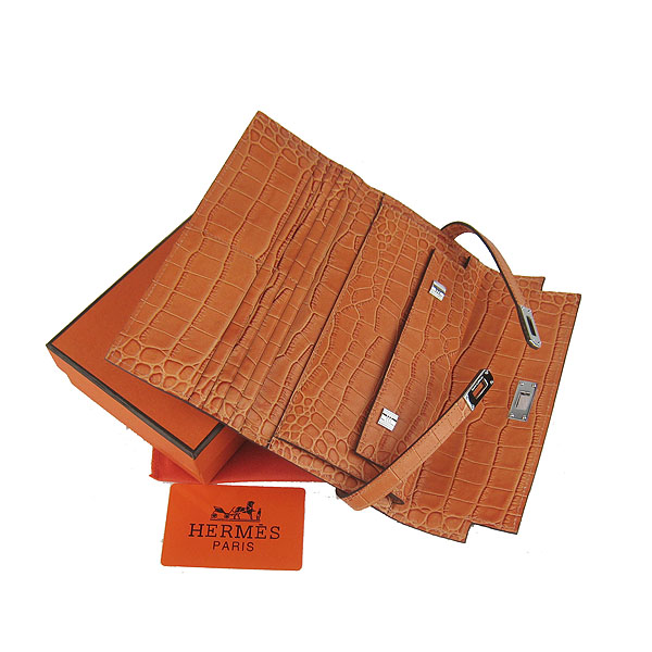 High Quality Hermes Kelly Crocodile Veins Long Clutch Bag Orange H009 Replica